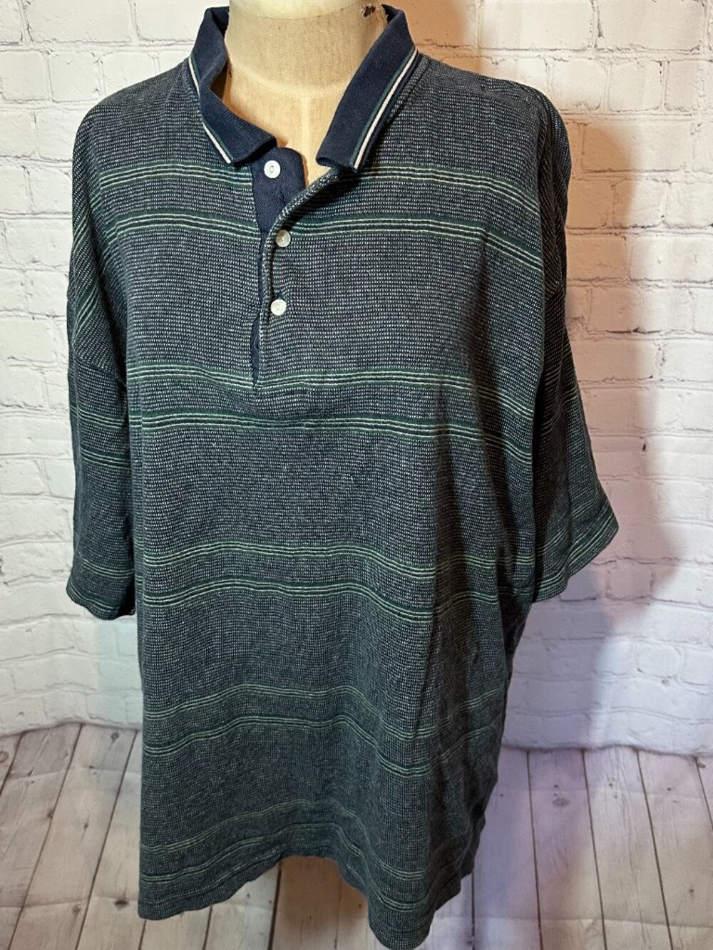 100% Cotton Vintage 90s Bugle Boy Co Green and Blue Mens Polo Shirt Size XL